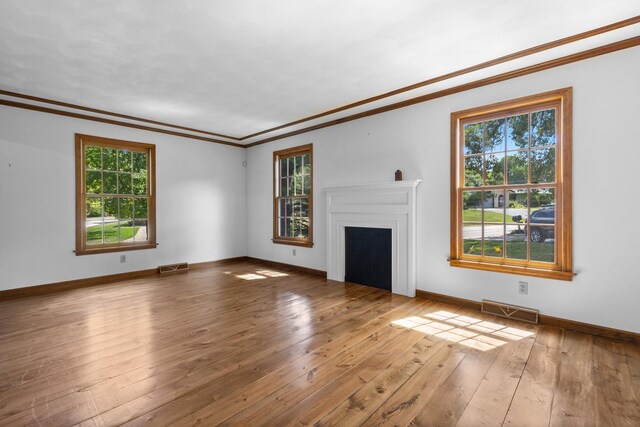 4113 Eaton Dr, Rockford, IL 61114 - unfurnished living room featuring plenty of natural light, crown molding, a fireplace, and hardwood / wood-style flooring