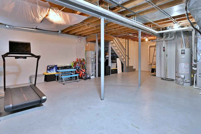 654 Kingsbridge Dr, Carol Stream, IL 60188 - unfinished basement with gas water heater, stairway, and water heater