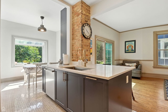5729 S Harper Ave, Chicago, IL 60637 - kitchen with plenty of natural light, light countertops, stainless steel dishwasher, open floor plan, and ornamental molding