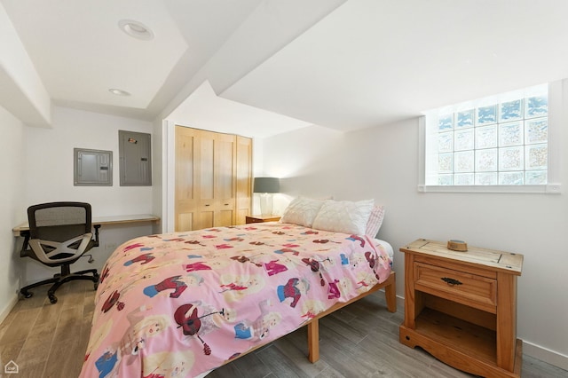 5729 S Harper Ave, Chicago, IL 60637 - bedroom featuring electric panel, a closet, wood finished floors, and recessed lighting