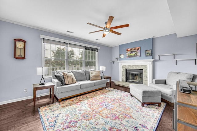26711 S Greenbriar Dr, Monee, IL 60449 - living room featuring a ceiling fan, ornamental molding, wood finished floors, and a glass covered fireplace