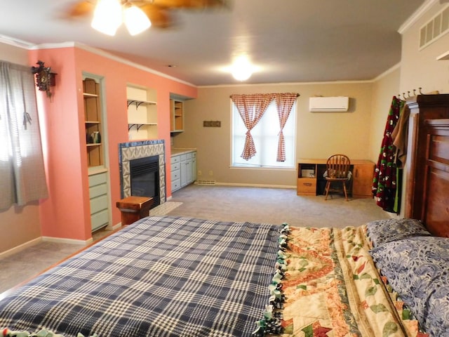 565 Sandra Cir, Freeport, IL 61032 - bedroom featuring an AC wall unit, carpet, a fireplace with flush hearth, crown molding, and ceiling fan