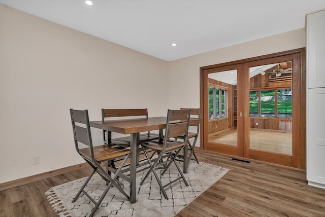 746 Old Stage Rd, Morris, IL 60450 - dining room featuring french doors, light wood-style floors, recessed lighting, and ceiling fan