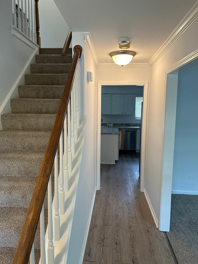 105 Golf View Cir, Prospect Heights, IL 60070 - hallway with stairs, dark wood-type flooring, and ornamental molding