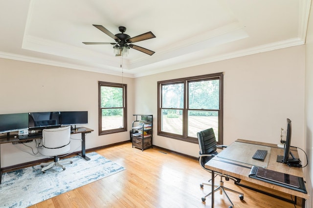 2809 Jenny Jae Ln, Crystal Lake, IL 60012 - office area featuring a raised ceiling, light wood-style flooring, ceiling fan, and ornamental molding