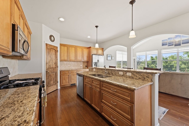 501 Blackstone Ct, Lake Villa, IL 60046 - kitchen featuring appliances with stainless steel finishes, dark wood-style floors, recessed lighting, tasteful backsplash, and a kitchen island with sink