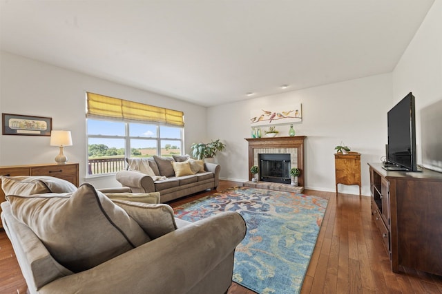 501 Blackstone Ct, Lake Villa, IL 60046 - living room featuring dark wood-style floors and a brick fireplace