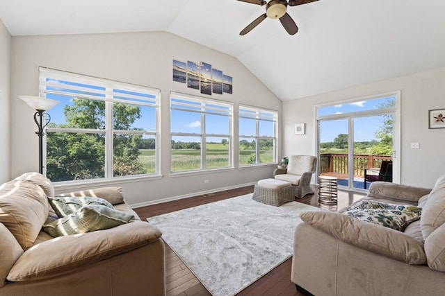 501 Blackstone Ct, Lake Villa, IL 60046 - living room featuring a ceiling fan, lofted ceiling, and dark wood-style floors