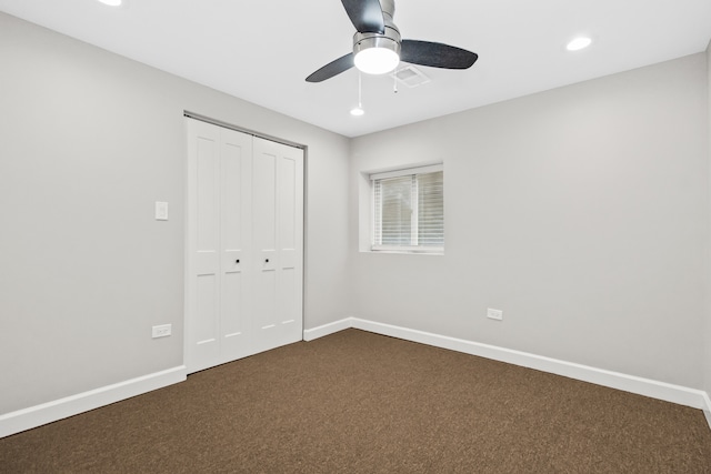 3237 W Sunnyside Ave Unit 1E, Chicago, IL 60625 - unfurnished bedroom with dark colored carpet, a closet, recessed lighting, and a ceiling fan