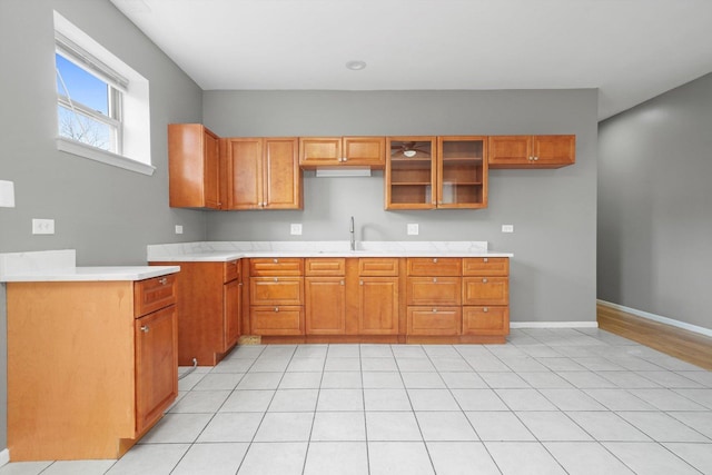 6139 S King Dr, Chicago, IL 60637 - kitchen featuring brown cabinets, light countertops, and glass insert cabinets