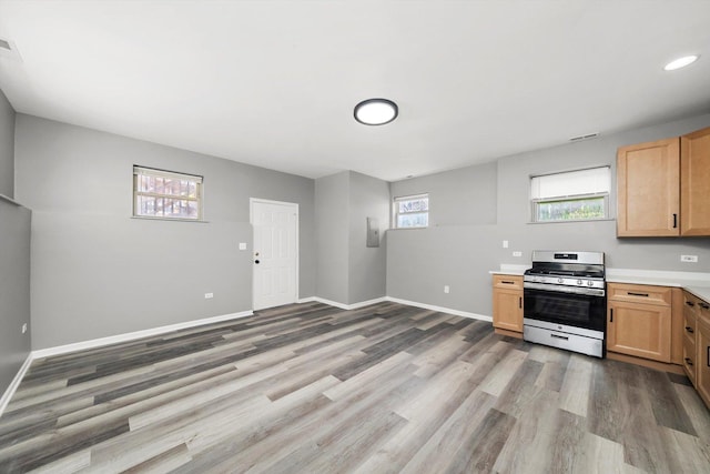 6139 S King Dr, Chicago, IL 60637 - kitchen with stainless steel gas stove, light countertops, light wood-style floors, light brown cabinetry, and recessed lighting