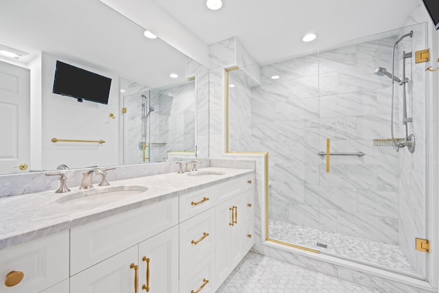 95 Warrington Dr, Lake Bluff, IL 60044 - full bath featuring recessed lighting, a marble finish shower, and double vanity