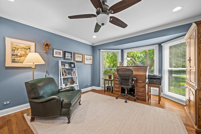 95 Warrington Dr, Lake Bluff, IL 60044 - home office featuring ornamental molding, ceiling fan, wood finished floors, and recessed lighting
