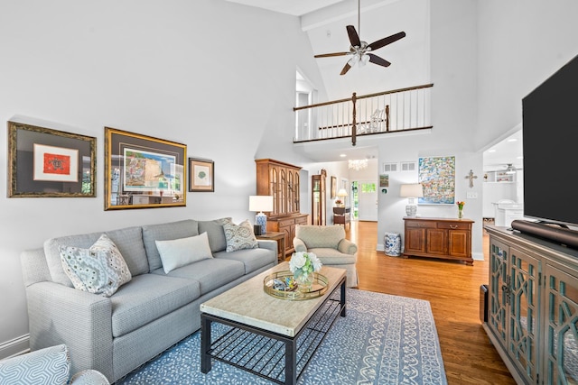 95 Warrington Dr, Lake Bluff, IL 60044 - living room featuring wood finished floors, a ceiling fan, and high vaulted ceiling