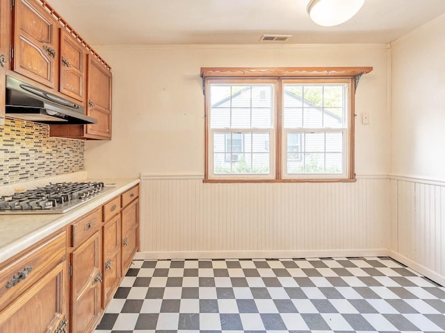 218 Chestnut St, Earlville, IL 60518 - kitchen with stainless steel gas cooktop, under cabinet range hood, wainscoting, dark flooring, and light countertops