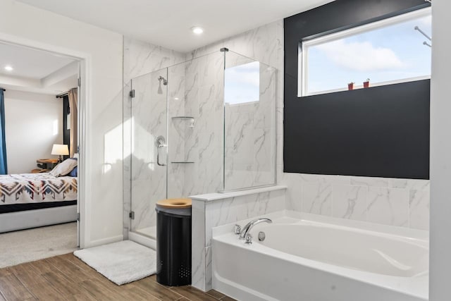 940 Treeline Dr, Algonquin, IL 60102 - ensuite bathroom with a marble finish shower, a bath, wood finished floors, and recessed lighting