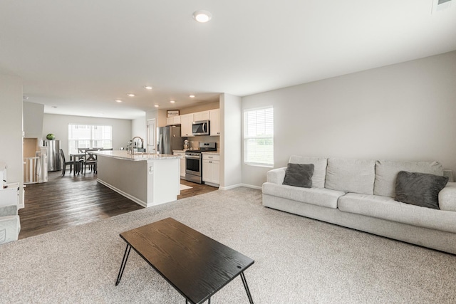 2551 Bella Dr, Pingree Grove, IL 60140 - living area featuring recessed lighting, dark colored carpet, and dark wood-style flooring