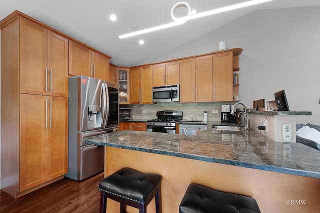 1869 Pebble Beach Cir Unit A, Elk Grove Village, IL 60007 - kitchen featuring appliances with stainless steel finishes, dark wood-type flooring, a peninsula, lofted ceiling, and backsplash