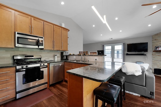 1869 Pebble Beach Cir Unit A, Elk Grove Village, IL 60007 - kitchen with appliances with stainless steel finishes, vaulted ceiling, dark wood-type flooring, a peninsula, and a breakfast bar area