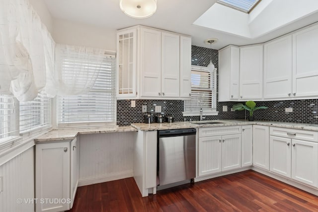 147 S Prospect St, Wheaton, IL 60187 - kitchen featuring dishwasher, white cabinetry, decorative backsplash, and dark wood-type flooring