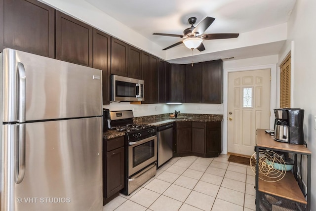 5416 W Windsor Ave Unit 1N, Chicago, IL 60630 - kitchen with appliances with stainless steel finishes, dark brown cabinetry, dark stone countertops, a ceiling fan, and light tile patterned floors
