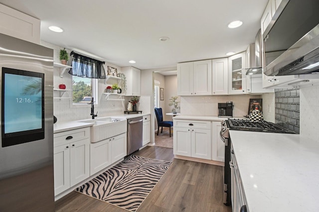 2720 Hobson Rd, Woodridge, IL 60517 - kitchen featuring stainless steel appliances, light countertops, white cabinetry, open shelves, and dark wood-style floors