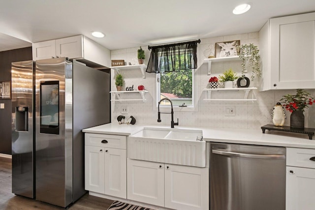 2720 Hobson Rd, Woodridge, IL 60517 - kitchen featuring stainless steel appliances, open shelves, tasteful backsplash, white cabinetry, and dark wood-style floors