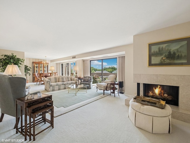 1671 Mission Hills Rd Unit 308, Northbrook, IL 60062 - carpeted living area with a chandelier and a tile fireplace
