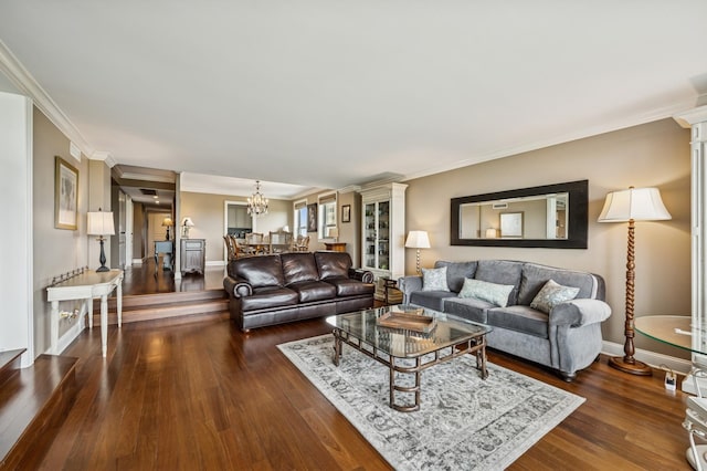 3470 N Lake Shore Dr Unit 9Bc, Chicago, IL 60657 - living room featuring dark wood finished floors, ornamental molding, and a chandelier