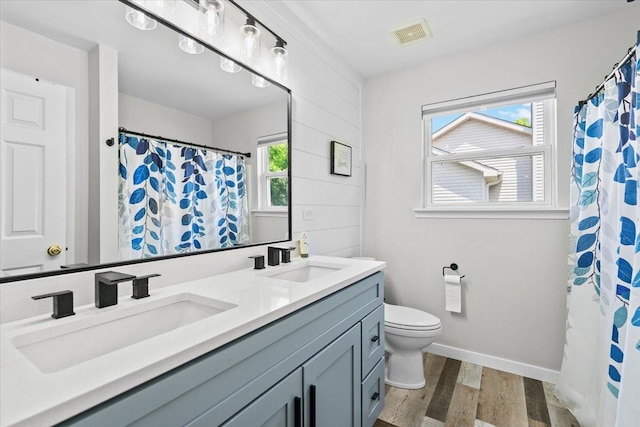 33 Sarah Dr, Crystal Lake, IL 60014 - bathroom featuring double vanity, wood finished floors, and a shower with curtain