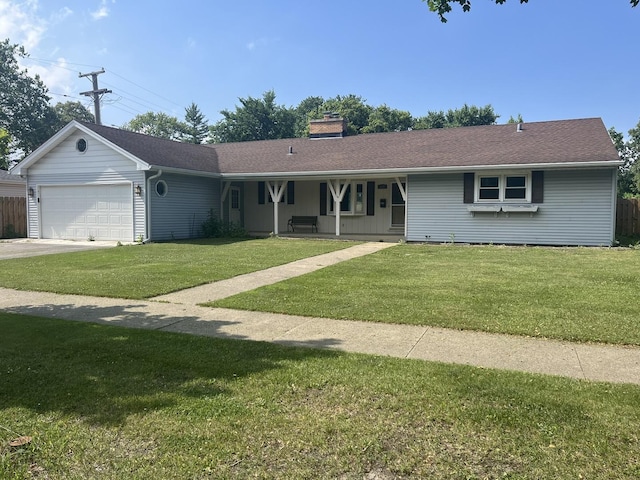510 W Sigwalt St, Arlington Heights, IL 60005 - ranch-style home with a garage, a chimney, concrete driveway, a porch, and a shingled roof