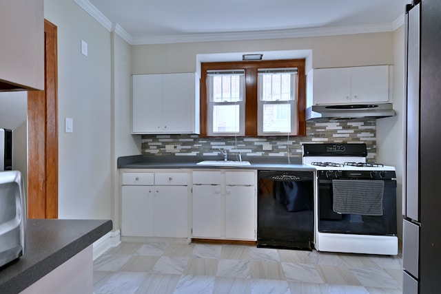 3218 Scoville Ave, Berwyn, IL 60402 - kitchen featuring dishwasher, white range with gas stovetop, under cabinet range hood, decorative backsplash, and white cabinets
