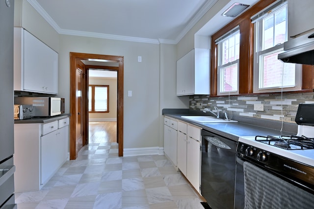 3218 Scoville Ave, Berwyn, IL 60402 - kitchen with black dishwasher, range with gas stovetop, ventilation hood, white cabinets, and backsplash