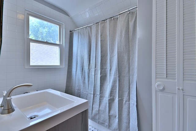 3218 Scoville Ave, Berwyn, IL 60402 - full bath with a closet, vanity, shower / bathtub combination with curtain, and tile walls