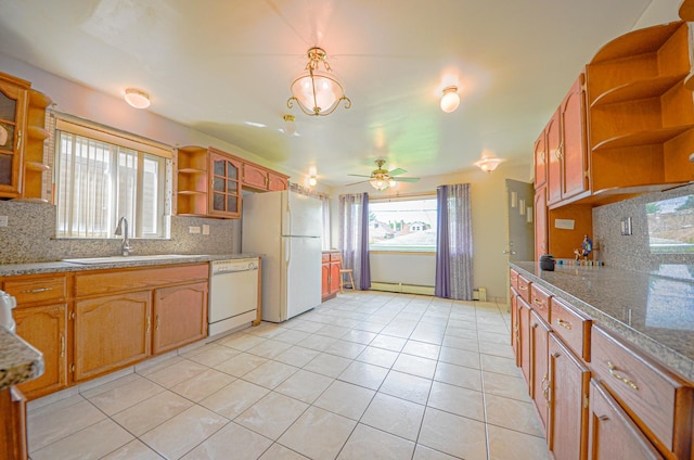 4048 N Marmora Ave, Chicago, IL 60630 - kitchen with open shelves, white appliances, a ceiling fan, and tasteful backsplash