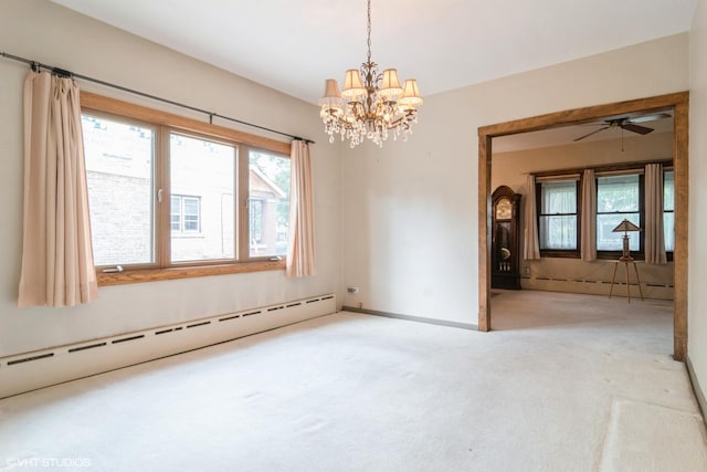 6919 N Overhill Ave, Chicago, IL 60631 - carpeted empty room with baseboard heating, a chandelier, and ceiling fan
