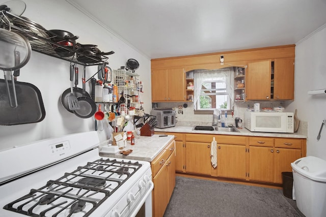 23761 N Cottage Rd, Lake Zurich, IL 60047 - kitchen featuring white appliances, light countertops, open shelves, and brown cabinetry