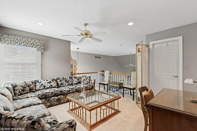 1806 Princeton Ct, Lake Forest, IL 60045 - living room featuring ceiling fan, light carpet, and recessed lighting