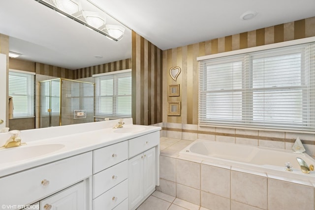 1806 Princeton Ct, Lake Forest, IL 60045 - bathroom with wallpapered walls, a garden tub, double vanity, a shower stall, and tile patterned floors
