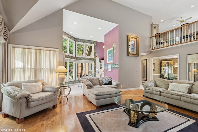 1806 Princeton Ct, Lake Forest, IL 60045 - living room with a high ceiling, wood finished floors, recessed lighting, and a ceiling fan