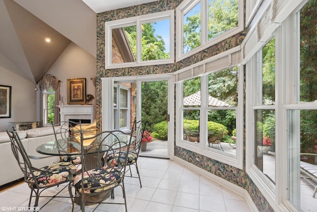 1806 Princeton Ct, Lake Forest, IL 60045 - sunroom / solarium with tile patterned flooring, lofted ceiling, and wallpapered walls