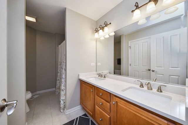 520 Meadowwood Ln, Oswego, IL 60543 - full bath featuring double vanity, tile patterned flooring, and a shower with shower curtain