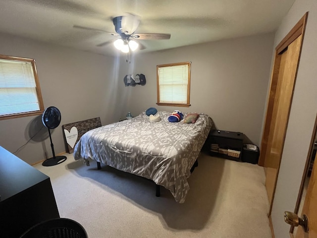 224 S Prairie Ave, Bradley, IL 60915 - bedroom featuring light carpet, multiple windows, ceiling fan, and a closet