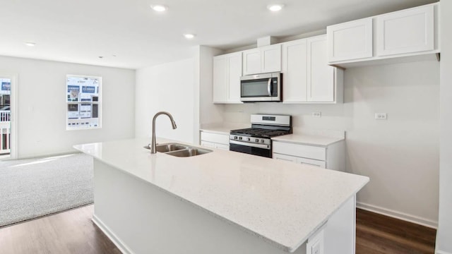 17319 Ulster Dr, Tinley Park, IL 60477 - kitchen featuring appliances with stainless steel finishes, a center island with sink, dark wood-type flooring, white cabinets, and recessed lighting