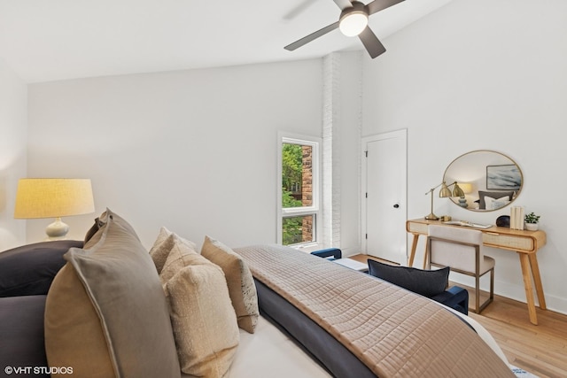 636 W Buckingham Pl Unit C, Chicago, IL 60657 - bedroom featuring wood finished floors, high vaulted ceiling, and a ceiling fan