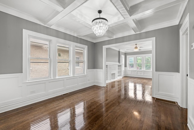 2107 E Ave, Berwyn, IL 60402 - unfurnished dining area featuring a chandelier, hardwood / wood-style floors, coffered ceiling, beamed ceiling, and wainscoting