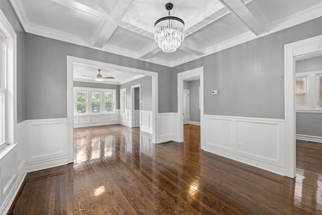 2107 E Ave, Berwyn, IL 60402 - unfurnished dining area featuring coffered ceiling, dark wood-style floors, ceiling fan, beam ceiling, and a chandelier