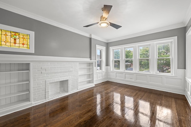 2107 E Ave, Berwyn, IL 60402 - unfurnished living room with built in features, ceiling fan, wood finished floors, wainscoting, and ornamental molding