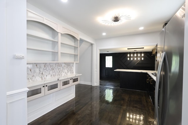 15239 Vincennes Rd, Phoenix, IL 60426 - kitchen featuring freestanding refrigerator, light countertops, dark wood-type flooring, open shelves, and white cabinets