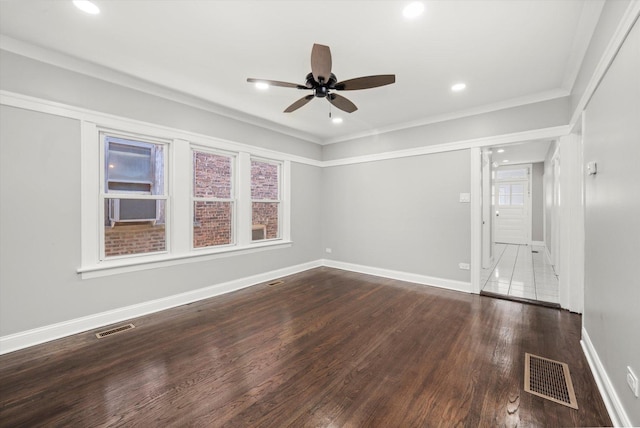 unfurnished room with a ceiling fan, wood finished floors, crown molding, and recessed lighting